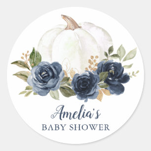 Sticker Rond Baby shower Citrouille bleu de la marine florale
