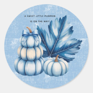 Sticker Rond Baby shower Citrouille bleu et garçon feuille