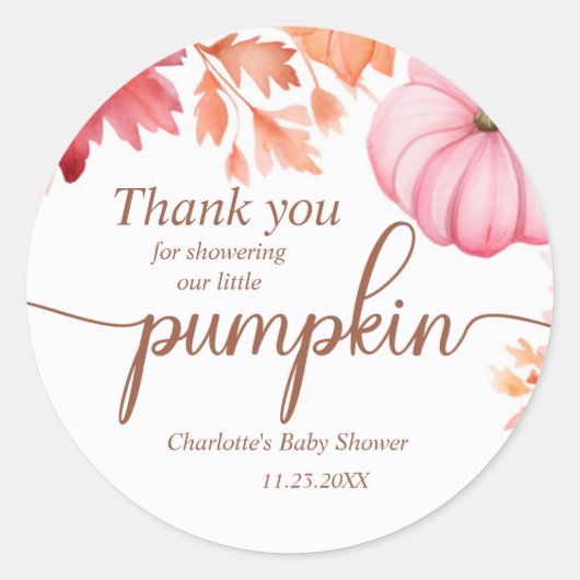 Sticker Rond Baby shower Citrouille d'aquarelle d'automne (Devant)