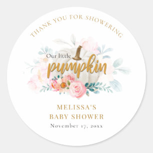 Sticker Rond Baby shower Citrouille de fille rose Floral automn