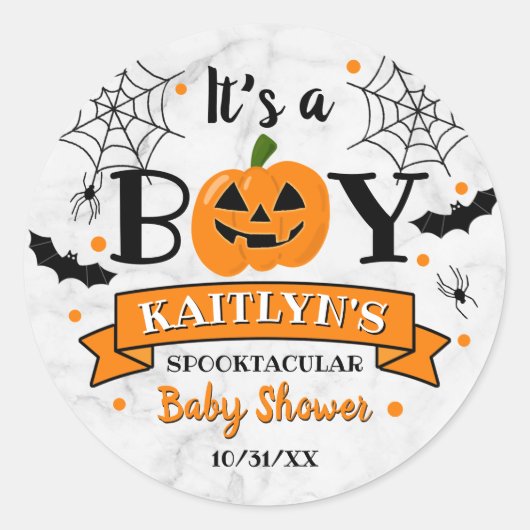 Sticker Rond baby shower Citrouille d'Halloween "C'est un garço (Devant)