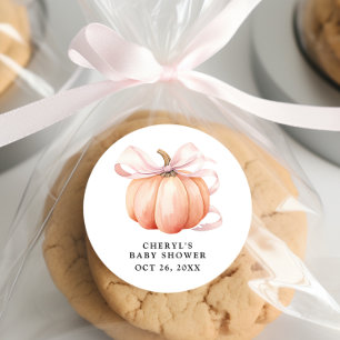 Sticker Rond Baby shower Citrouille en aquarelle rose Bow