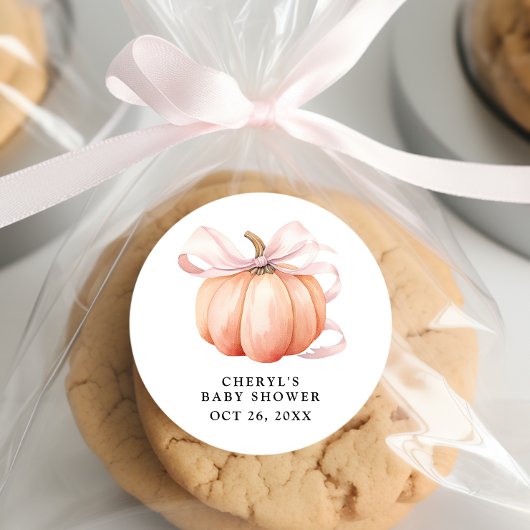 Sticker Rond Baby shower Citrouille en aquarelle rose Bow