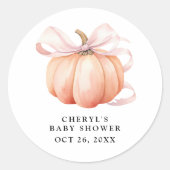 Sticker Rond Baby shower Citrouille en aquarelle rose Bow (Devant)