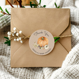 Sticker Rond Baby shower Citrouille Et Feuille D'Automne