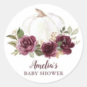 Sticker Rond Baby shower Citrouille Floral Bourgogne