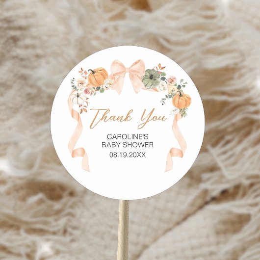 Sticker Rond Baby shower Citrouille Orange Bow