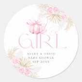 Sticker Rond Baby shower Citrouille rose fille Floral Bow (Devant)