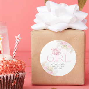 Sticker Rond Baby shower Citrouille rose fille Floral Bow