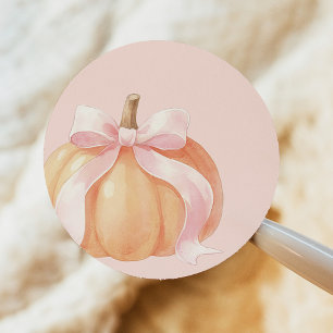 Sticker Rond Baby Shower Citrouille Ruban Rose