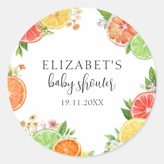 Sticker Rond Baby shower Citrus Little Cutie (Devant)