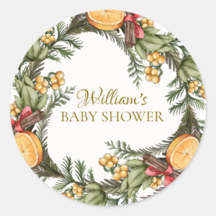 Sticker Rond Baby shower classique de couronne de Noël d'hiver