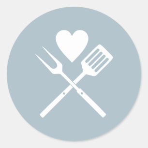 Sticker Rond Baby shower Coeur BBQ Bleu Blanc Moderne