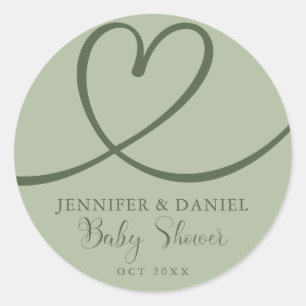 Sticker Rond Baby shower Coeur Élégant minimaliste Sage Green