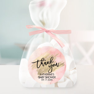 Sticker Rond Baby Shower Coup de Pinceau Doré Aquarelle Rose