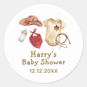 Sticker Rond Baby Shower Cowboy Occidental Boho Moderne Rustiqu