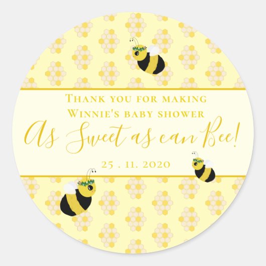 Sticker Rond Baby shower d'abeilles Jaune mignonne Merci doux F (Devant)