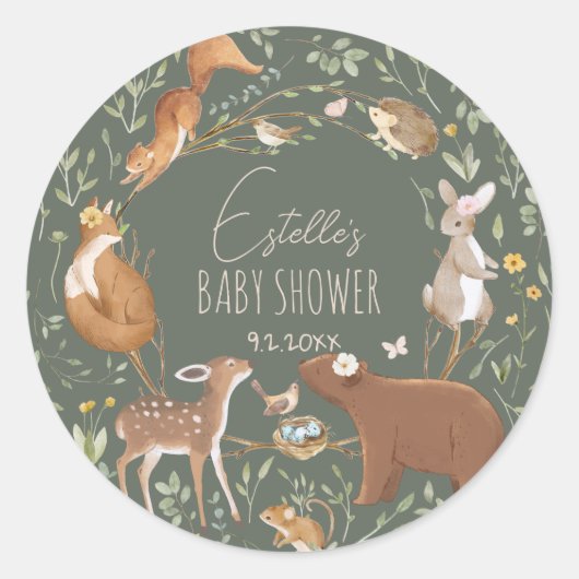 Sticker Rond Baby shower d'amis de la forêt (Devant)