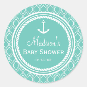 Sticker Rond Baby shower d'Ancres nautiques Aqua Turquoise Retr
