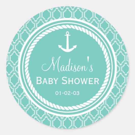 Sticker Rond Baby shower d'Ancres nautiques Aqua Turquoise Retr (Devant)