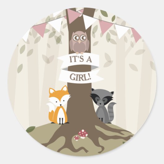 Sticker Rond Baby shower d'animaux de bois - Fille (Devant)