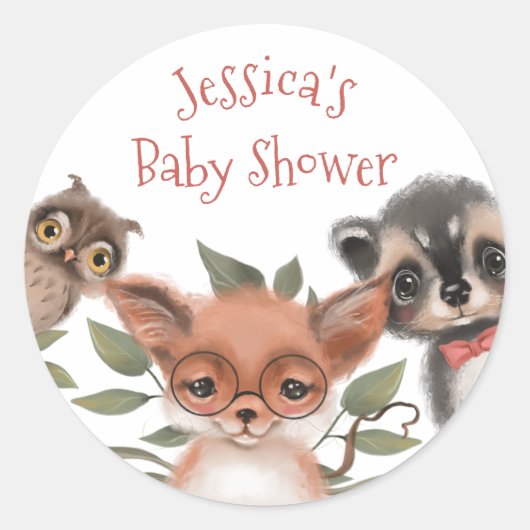Sticker Rond Baby shower d'animaux en bois mignons pour garçon (Devant)