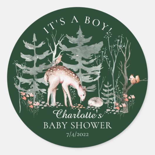 Sticker Rond Baby shower d'animaux forestiers rustiques Classi (Devant)