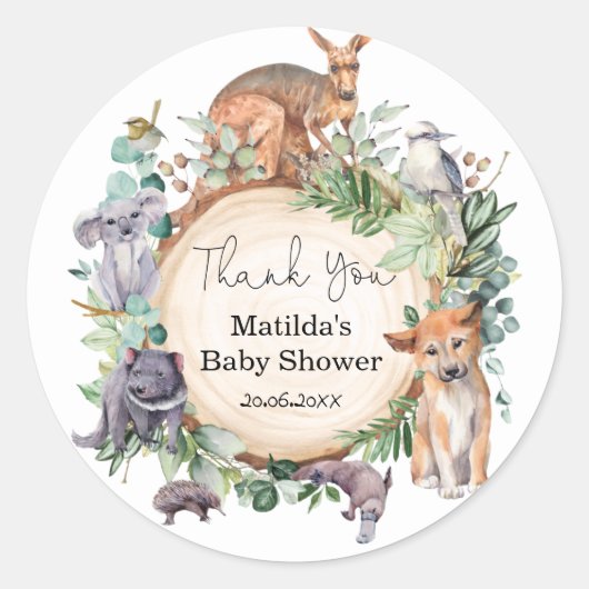 Sticker Rond Baby shower d'animaux sauvages australiens (Devant)