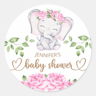 Sticker Rond Baby shower d'aquarelle à l'éléphant et aux fleurs