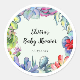 Sticker Rond Baby shower d'aquarelle de cactus succulent