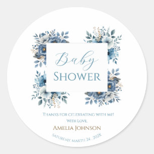 Sticker Rond Baby shower d'aquarelle Florale bleu moderne