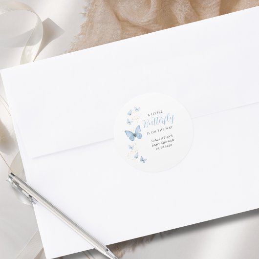 Sticker Rond Baby shower d'aquarelle Little Butterfly Blue Boy