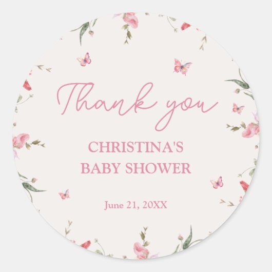 Sticker Rond Baby shower d'aquarelle petit papillon Merci (Devant)
