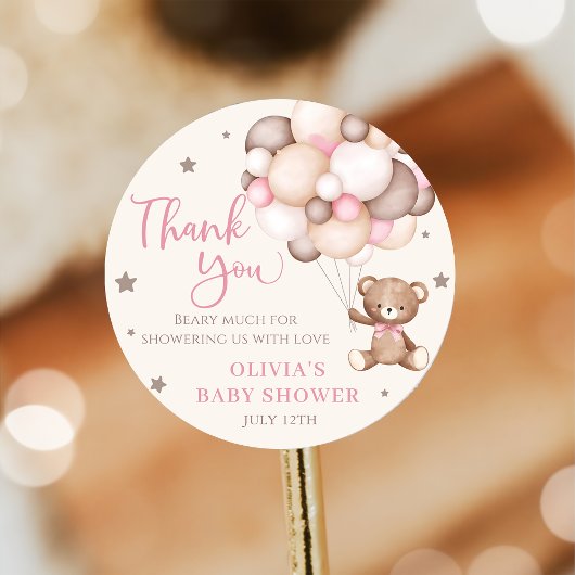 Sticker Rond Baby shower d'attente rapide de l'ours rose Teddy