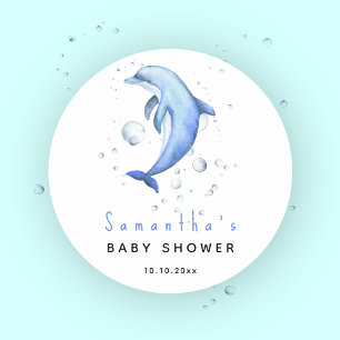 Sticker Rond Baby shower dauphin océan aquarelle