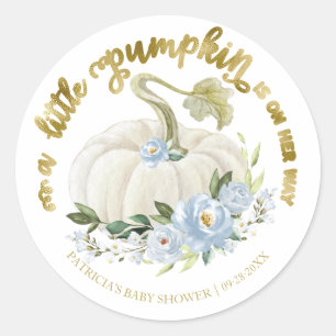 Sticker Rond Baby shower d'automne bleu Floral Little Citrouill