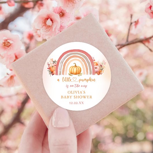 Sticker Rond Baby shower d'automne Boho Rainbow Little Citrouil