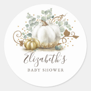 Sticker Rond Baby shower d'automne Citrouille or et blanc