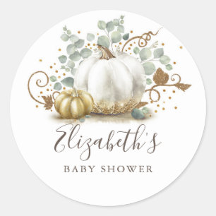 Sticker Rond Baby shower d'automne Citrouille or et blanc