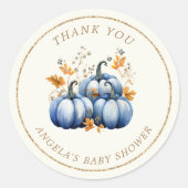 Sticker Rond Baby shower d'automne du Citrouille d'or bleu (Devant)