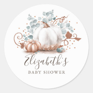 Sticker Rond Baby shower d'automne rose or et Citrouille blanc