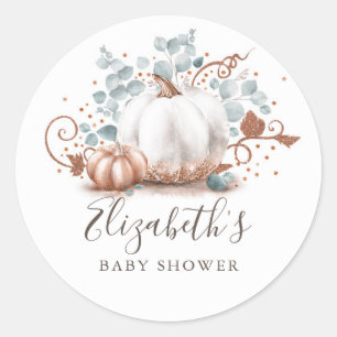 Sticker Rond Baby shower d'automne rose or et Citrouille blanc