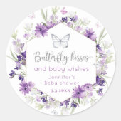 Sticker Rond Baby shower de baisers de papillon en argent viole (Devant)