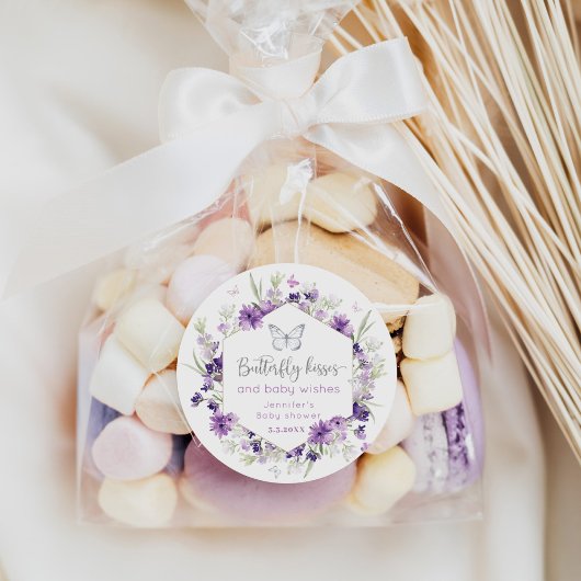 Sticker Rond Baby shower de baisers de papillon en argent viole
