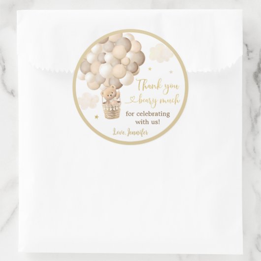 Sticker Rond Baby shower de ballon à air chaud Gold Teddy Bear (Sac)