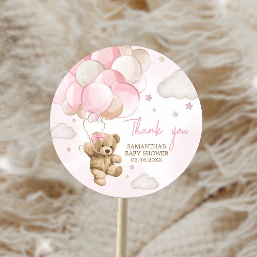 Sticker Rond Baby shower de ballon d'ours rose Boho