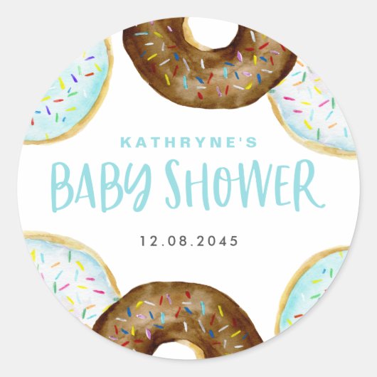 Sticker Rond Baby shower de beignets bleu et chocolat (Devant)