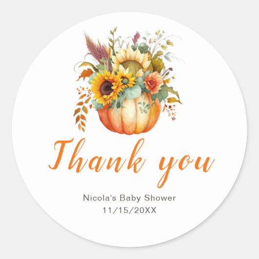 Sticker Rond Baby shower de bouquet de fleurs citrouilles (Devant)