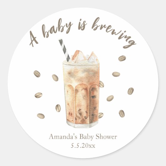 Sticker Rond Baby shower de brassage de café glacé d'aquarelle (Devant)