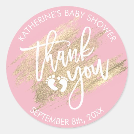 Sticker Rond Baby shower de brosse rose blanc or (Devant)